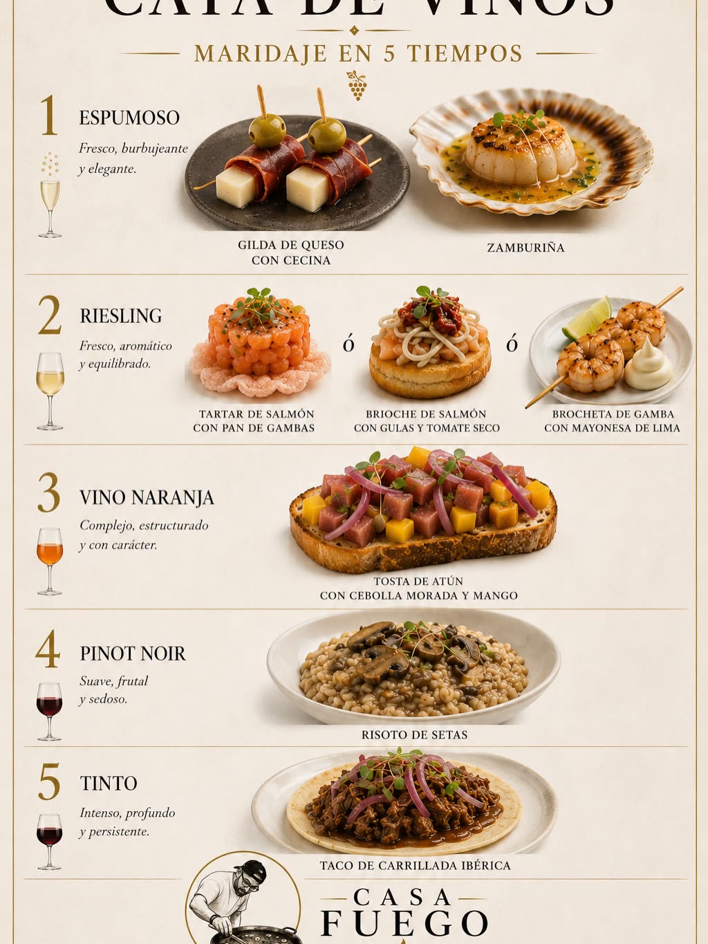 La carta original de Casa Fuego para la cata de vinos, con los cinco tiempos y sus platos ilustrados